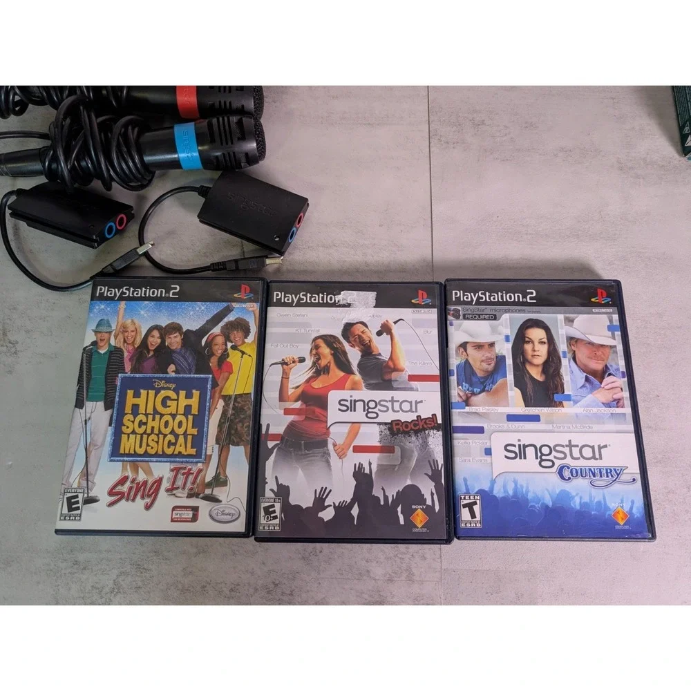 PS2 SingStar Bundle w/ 4Microphones USB Adapter & 3 Games Tested & Working